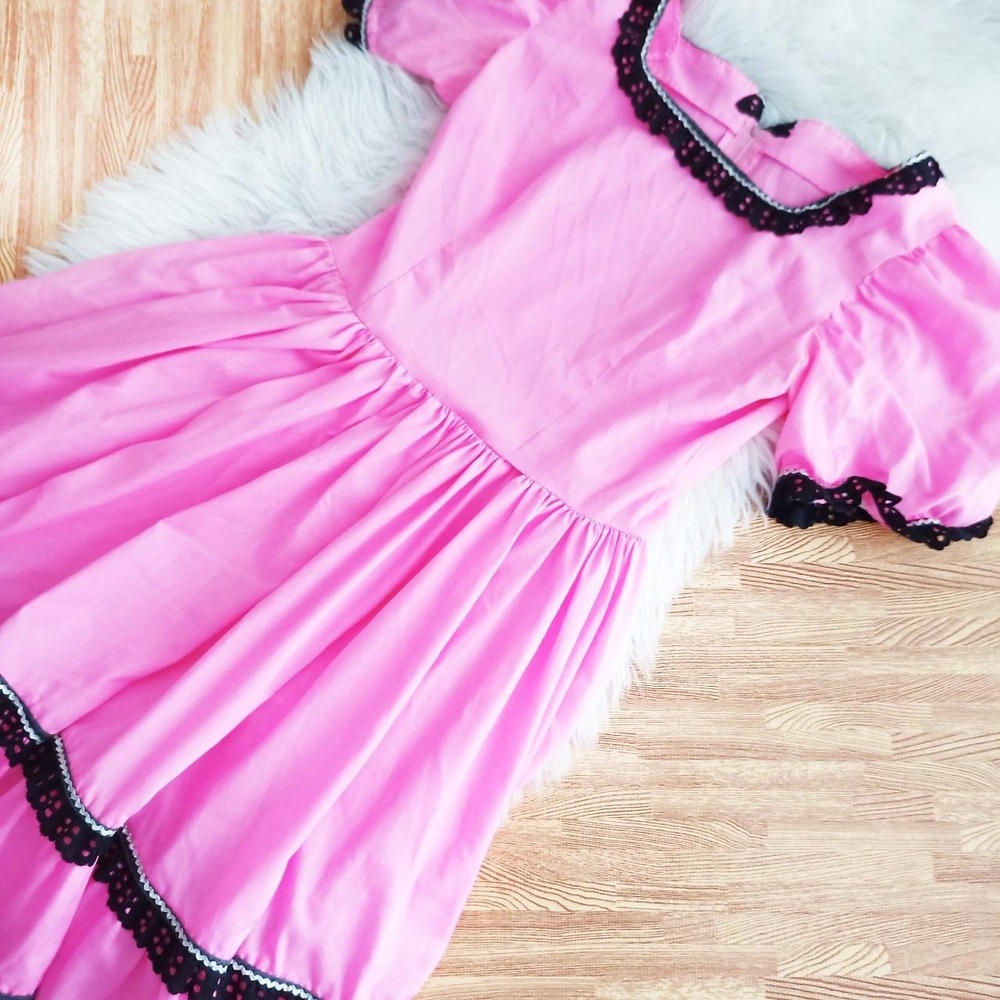 Handmade Pink Square Dance Prairie Dress with Black Eyelet Trim